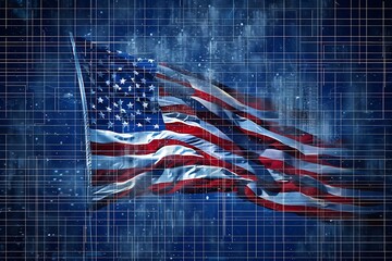 Abstract american flag waving with digital glitch effect and grid overlay