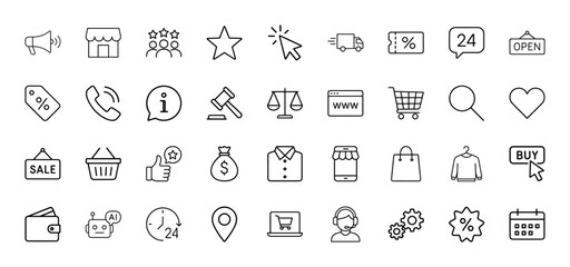 Fototapeta premium E-commerce line icon set. Vector pictograms of shopping cart, storefront, delivery truck, sales tag, customer support, payment, and rating elements, thin linear illustration.