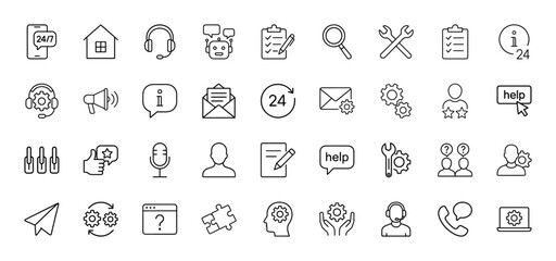 Customer support line icon set. Vector pictograms of headphones, chatbot, checklist, wrench, magnifying glass, email, gears, and help button, thin linear illustration.