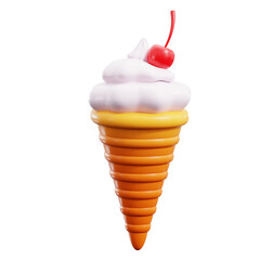 Three Dimensional Rendered Ice Cream Cone with White Whipped Cream and Red Cherry Isolated on Transparent Background