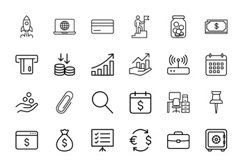 Fototapeta premium Business and finance line icon set. Vector pictograms of rocket, laptop, credit card, money, coins, charts, calendar, safe, briefcase, office desk, exchange, thin linear illustration.