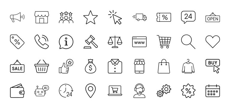 E-commerce line icon set. Vector pictograms of shopping cart, storefront, delivery truck, sales tag, customer support, payment, and rating elements, thin linear illustration.