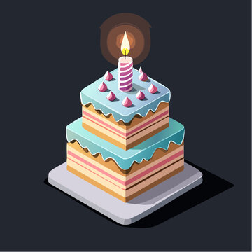 Charming isometric illustration of a colorful two-tier birthday cake, adorned with a single glowing candle, symbolizing celebration, joy, and delicious festivities