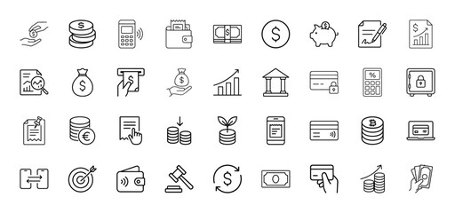Finance line icon set. Vector pictograms of coin, wallet, banknotes, piggy bank, financial chart, money bag, bank, credit card, calculator, safe, receipt, mobile, thin linear illustration.