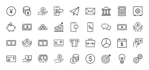 Finance and business line icon set. Vector pictograms of yen, dollar, coins, banknotes, growth, credit card, calculator, safe, smartphone, briefcase, thin linear illustration.