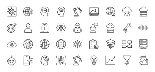 Artificial intelligence line icon set. Vector pictograms of global networks, AI brain, robots, cloud computing, and data processing, thin linear illustration.