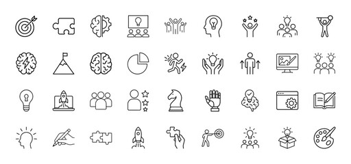 Business innovation and creative thinking line icon set. Vector pictograms of target, puzzle, brain, lightbulb, rocket, palette, team, chart, monitor, and mountain, thin linear illustration.