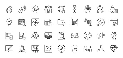 Business management line icon set. Vector pictograms of teamwork, strategy, planning, innovation, finance, project, marketing, and development, thin linear illustration.