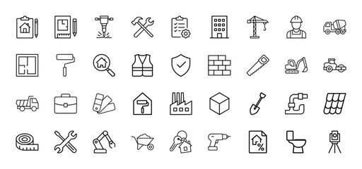 Construction line icon set. Vector pictograms of house plans, jackhammer, tools, crane, worker, concrete mixer, paint roller, excavator, bricks, and roof tiles, thin linear illustration.