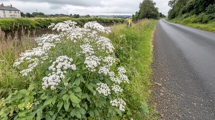 Fototapeta premium White flowers roadside river rural landscape