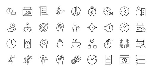 Time management line icon set. Vector pictograms of calendars, clocks, checklists, targets, people, and coffee, thin linear illustration.