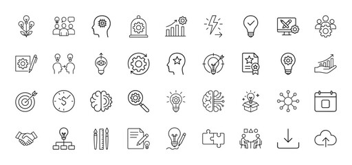 Business strategy line icon set. Vector pictograms of creative light bulbs, analytic charts, team collaboration, brain gears, thin linear illustration.