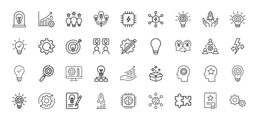 Business innovation line icon set. Vector pictograms of light bulbs, gears, rockets, charts, brains, targets, chips, and puzzles, thin linear illustration.
