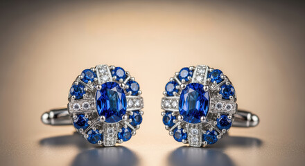 Elegant luxury cufflink jewelry with brilliant sapphire and diamond. ornate decor makes sophisticated formal accessory