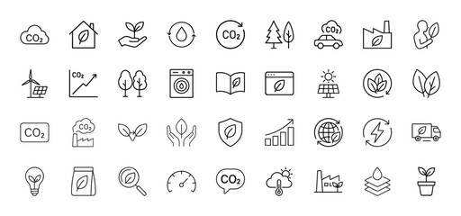 Environmental sustainability line icon set. Vector pictograms of CO2, house, plant, water cycle, wind turbine, solar panel, global earth, and leaves, thin linear illustration.
