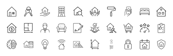 Real estate line icon set. Vector pictograms of houses, keys, buildings, search, documents, beds, and smart homes, thin linear illustration.