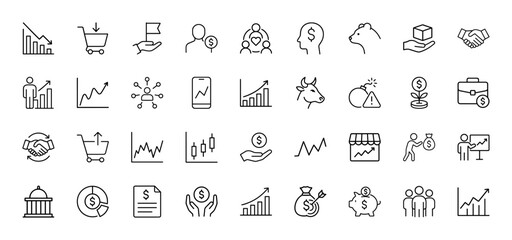 Finance line icon set. Vector pictograms of charts, shopping carts, people, money, banking, market elements, and risk, thin linear illustration.