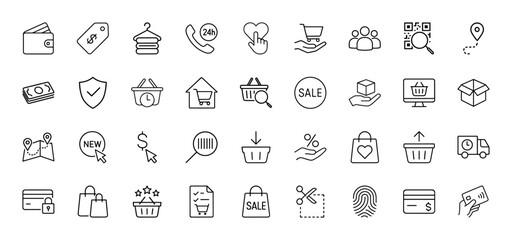 E-commerce line icon set. Vector pictograms of wallet, price tag, shopping cart, delivery, credit card, shopping bags, sale, QR code, map, security, money, and package, thin linear illustration.