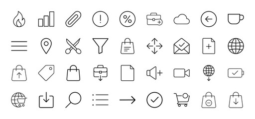 User interface line icon set. Vector pictograms of flame, chart, paperclip, briefcase, shopping bag, document, globe, filter, search, mail, map, and check, thin linear illustration.