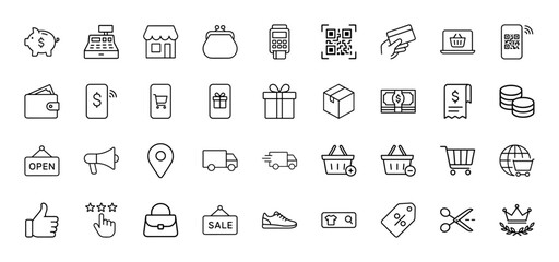 E-commerce and retail line icon set. Vector pictograms of storefront, payment, delivery, shopping, and marketing elements, thin linear illustration.
