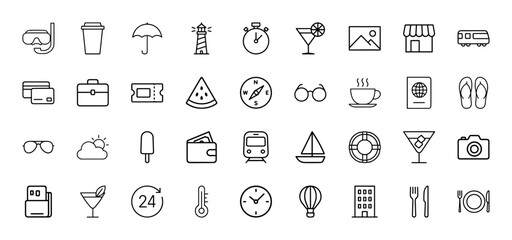 Travel, tourism, and leisure line icon set. Vector pictograms of snorkel, coffee cup, umbrella, lighthouse, bus, credit card, passport, wallet, train, sailboat, camera, thin linear illustration.