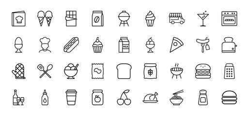 Food and cooking line icon set. Vector pictograms of recipe book, ice cream, chocolate, grill, chef, hot dog, pizza, burger, toaster, coffee, noodles, thin linear illustration.
