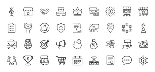 Business, finance, and e-commerce line icon set. Vector pictograms of money plant, storefronts, handshake, checklist, piggy bank, shopping cart, target, money bag, thin linear illustration.