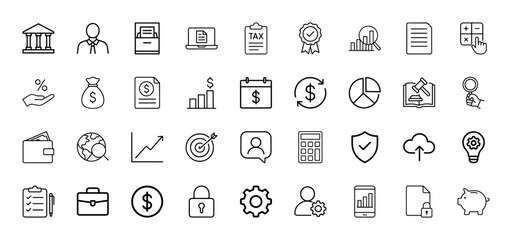 Finance and business line icon set. Vector pictograms of bank, tax, charts, money, security, user management, and digital services, thin linear illustration.