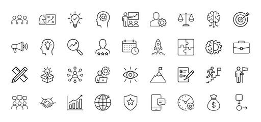 Business line icon set. Vector pictograms of team, strategy, ideas, analytics, startup, goals, collaboration, progress, and growth, thin linear illustration.