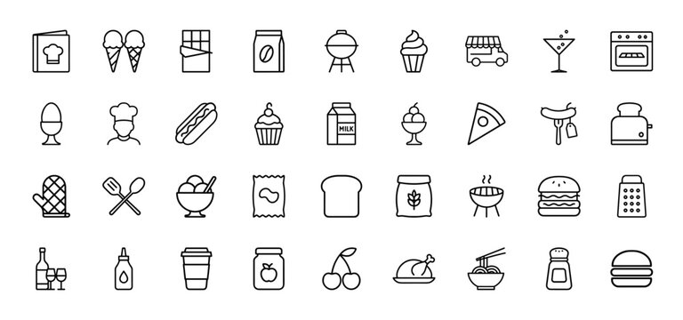 Food and cooking line icon set. Vector pictograms of recipe book, ice cream, chocolate, grill, chef, hot dog, pizza, burger, toaster, coffee, noodles, thin linear illustration.