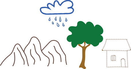 Hand Drawn Nature Scene Vector with Mountains, Rain Cloud, Tree, and House ? Minimalist Environmental Landscape Illustration