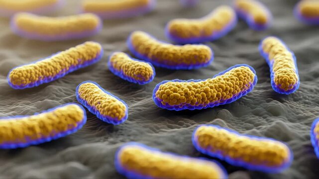 Microscopic close-up of Listeria bacteria clustered and scattered on dark surface