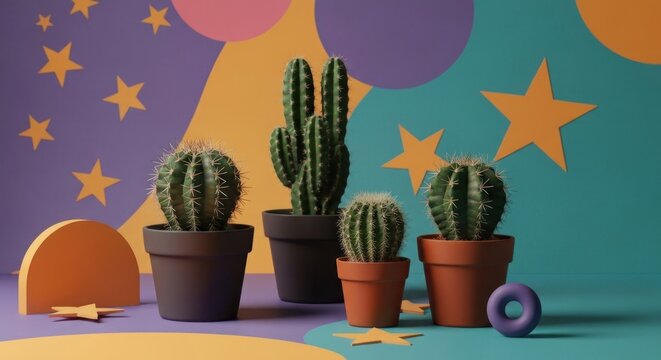 Cacti pots on colorful backdrop with stars, shapes, and modern minimalist flair