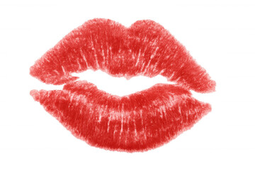 Red kiss mark with textured lipstick creating a romantic and passionate symbol, transparent background