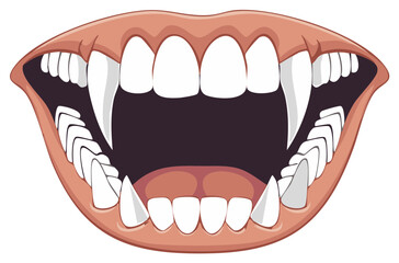 Open vampire mouth with sharp white fangs cartoon illustration for Halloween