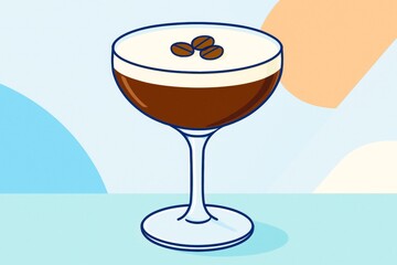 Espresso martini cocktail in a coupe glass with coffee beans garnish, illustrated in flat style on abstract pastel background with soft lighting. Ai generative