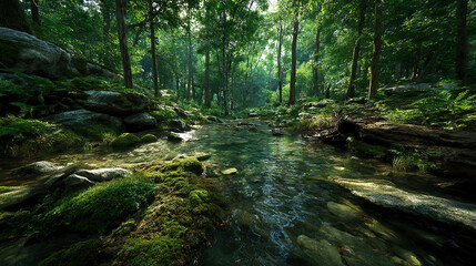 Obraz premium Forest stream with sun rays and mossy rocks.