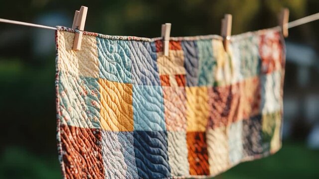 A colorful patchwork quilt hangs on a clothesline, perfect for decorating outdoor spaces or as a unique gift