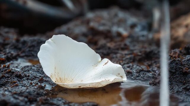 A white shell sits on top of a small puddle of water