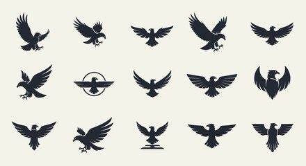 Collection of Modern Stylized Eagle and Hawk Logos and Silhouettes, Featuring Dynamic Birds of Prey in Various Flight Poses for Branding and Design Projects on a Light Background, Flat Vector