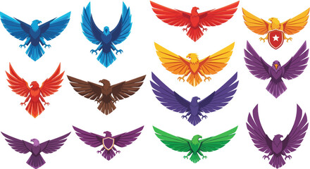 Collection of stylized geometric eagle logos in various colors, featuring majestic birds of prey with spread wings for branding and design projects on a white background., Flat Vector Elements,