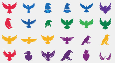Collection of Colorful Eagle and Phoenix Logos in Various Stylized Designs on White Background, Flat Vector Elements, Vector Illustration, Simple Vector, Stylized Vector Drawing, Vector Template,