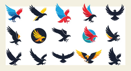 Dynamic Eagle and Hawk Logo Designs Vector Collection in Various Colors and Stylized Forms, Featuring Flying, Soaring, and Aggressive Poses for Branding, Flat Vector Elements, Vector Illustration,