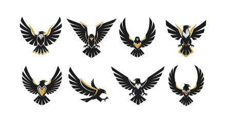 Collection of stylized black and gold eagle logos with spread wings, featuring modern, abstract, and dynamic designs for branding, sports teams, gaming, and corporate identity on a white background.,
