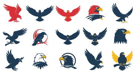 Dynamic collection of stylized eagle and hawk vector illustrations in red and dark blue, showcasing various poses including flying, perched, and head views for logos and branding., Flat Vector
