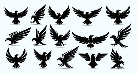 Collection of Black Eagle and Hawk Logos and Silhouettes. Set of Dynamic of Prey Mascots and Icons with Spread Wings, Ready for Action, for Sports, Brand, or Team Designs., Flat Vector Elements,