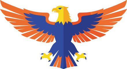 Dynamic Stylized Eagle Logo with Vibrant and Blue Wings, Yellow Beak and Talons, Against a Clean White Background, Flat Vector Elements, Vector Illustration, Simple Vector, Stylized Vector Drawing,