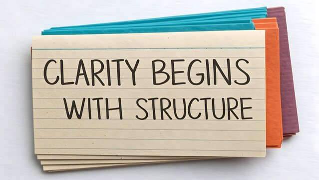 Flat lay of index cards with headline about clarity and structure