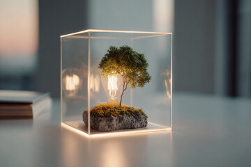 Tiny green tree inside glowing transparent cube, illuminated by warm light bulb, modern minimalistic style, symbolizing eco friendly innovation and sustainability, serene atmosphere