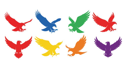 Dynamic Eagle Logos Collection: Red, Blue, and Yellow of Prey Silhouettes on White, Flat Vector Elements, Vector Illustration, Simple Vector, Stylized Vector Drawing, Vector Template, Clean Vector